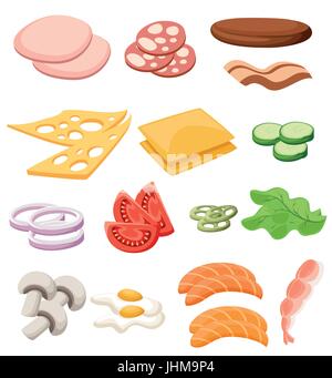 Jeu de hamburgers. Ingrédients : petits pains, fromage, bacon, tomate, oignon, laitue, concombres, oignons, cornichons, jambon beefs. Vector illustration nous sandwich garnitures. Illustration de Vecteur