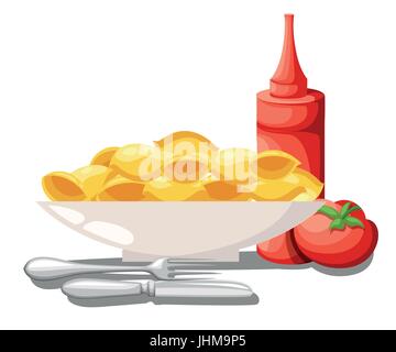 Vecteur de collecte de macaroni pâtes alimentaires italiennes sauce tomate, ketchup en pot avec des légumes. Vector illustration pour la carte du restaurant. Site Web page Illustration de Vecteur