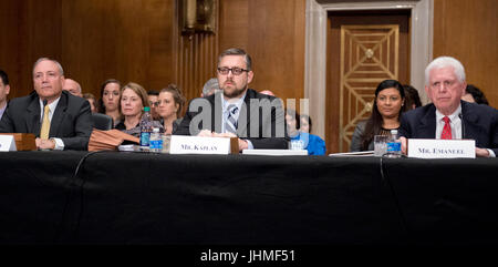 Washington, Us. Le 13 juillet, 2017. Patrick Pizzella, gauche, témoigne sur sa nomination à titre de sous-secrétaire du Travail ; Marvin Kaplan, centre, témoigne sur sa nomination en tant que membre de la Commission nationale des relations de travail ; et William Emanuel, droite, témoigne sur sa nomination en tant que membre de la Commission nationale des relations de travail avant les États-Unis au Comité du Sénat sur la santé, l'éducation, du travail et des pensions, sur la colline du Capitole à Washington, DC le Jeudi, Juillet 13, 2007 Credit : Ron Sachs/CNP - AUCUN FIL SERVICE - Photo : Ron Sachs/consolidé/dpa/Alamy Live News Banque D'Images