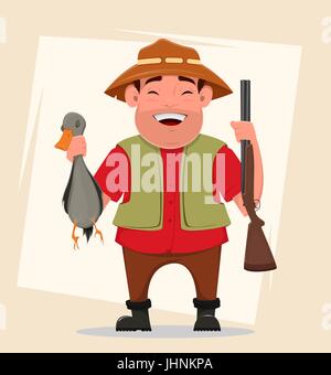 Hunter holding rifle et shot duck. Happy happy smiling personnage sur fond abstrait. Vector illustration. Utilisable comme impression, l'affiche. Spe Illustration de Vecteur