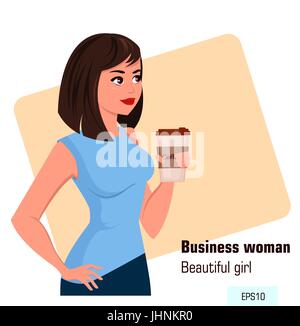 Caricature jeune business woman in office holding vêtements de style café chaud pendant la pause-café. Belle brunette woman. Vue isométrique - s Illustration de Vecteur