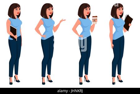 Business Woman in office dress holding dossier avec les documents. Belle fille brune. Set. Femme d'isométrique. Vector Illustration de Vecteur