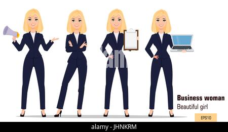 Jeune femme cartoon set. Belle fille blonde en vêtements de bureau debout avec les mains croisées, holding embout, montrant une liste de vérification et vertige Illustration de Vecteur