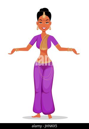 Indian girl caractère dans de beaux vêtements traditionnels et l'exécution de la danse traditionnelle. Femme Asiatique. Cartoon Vector illustration. EPS10 Illustration de Vecteur