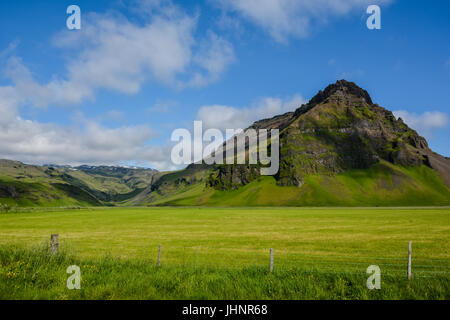 Près de la montagne de volcan Eyjafjallajokull en Islande. Champ vert, bleu ciel, journée ensoleillée. Banque D'Images