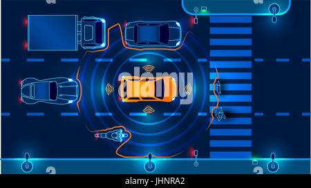 Smart car autonome numérise la route emploie la machine s'arrête automatiquement au passage protégé pour piétons dans la ville. Vector illustration. Illustration de Vecteur