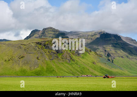 Près de la montagne de volcan Eyjafjallajokull en Islande. Champ vert, bleu ciel, journée ensoleillée et du tracteur dans l'arrière-plan. Banque D'Images