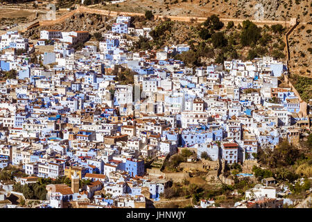 Vue aérienne de l'ancienne médina de Chefchaouen, au nord du Maroc Banque D'Images