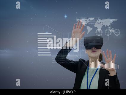 Digital composite of Woman in casque VR interface toucher contre fond violet Banque D'Images