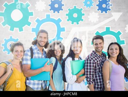 Digital composite de groupe d'étudiants debout devant un arrière-plan gris de brique avec les paramètres de la roue dentée de graphiques Banque D'Images