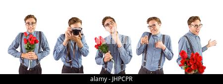 Digital composite de Nerd holding Flowers et un collage de l'appareil photo Banque D'Images