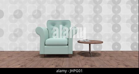 Fauteuil vide) par table sur plancher de bois franc contre gray pattern design Banque D'Images