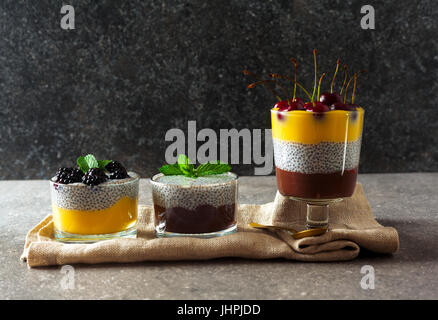 Desserts en couches de chocolat et vanille pudding et aussi de graines de chia avec des cerises mûres sur le dessus et des feuilles de menthe. Concept d'Eatin'Msain Banque D'Images