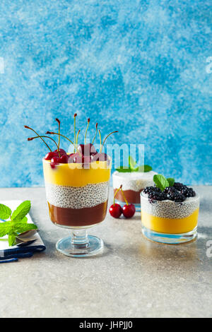 Desserts en couches de chocolat et vanille pudding et aussi de graines de chia avec des cerises mûres sur le dessus et des feuilles de menthe. Concept d'Eatin'Msain Banque D'Images