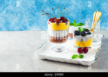 Desserts en couches de chocolat et vanille pudding et aussi de graines de chia avec des cerises mûres sur le dessus et des feuilles de menthe. Concept d'Eatin'Msain Banque D'Images