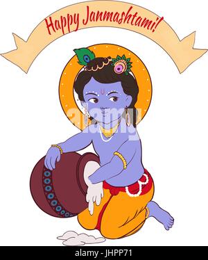 Petit bébé Krishna avec un pot de beurre. Illustration de Vecteur