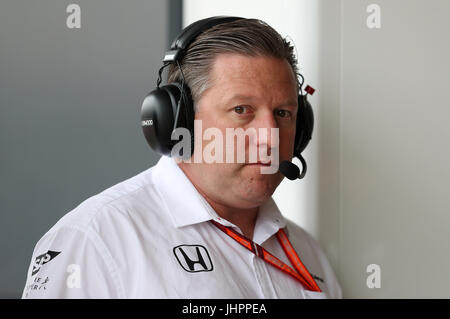 McLaren CHEF Zak Brown lors de la pratique de la troisième 2017 Grand Prix de Grande-Bretagne à Silverstone, Circuit de Towcester. Banque D'Images