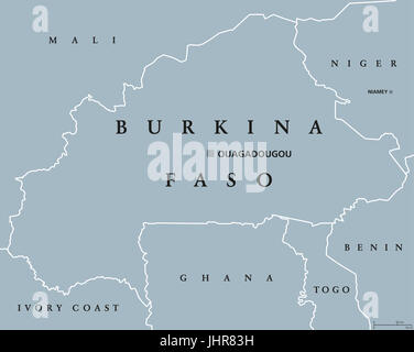 Carte politique du Burkina Faso avec capitale, Ouagadougou. Pays enclavé d'Afrique de l'Ouest, anciennement la République de Haute-Volta. Gris illustration. Banque D'Images