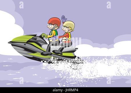 Man driving jet ski dans l'eau. Fun illustration vecteur conceptuel Illustration de Vecteur