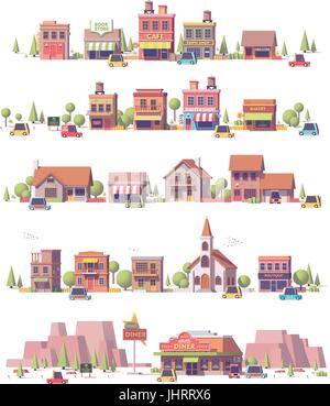 Faible 2d Vector poly scènes petite ville Illustration de Vecteur