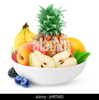 Fruits isolés. Pile de divers fruits frais en Bol en céramique blanc isolé sur fond blanc avec clipping path Banque D'Images