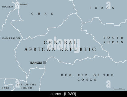 République centrafricaine carte politique avec capitale Bangui et les frontières internationales. Pays enclavé d'Afrique centrale. Gris illustration. Banque D'Images