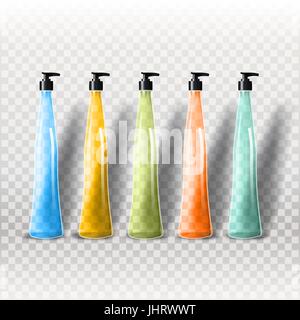 Modèle de maquette pour stigmatiser et conceptions de produits. Bouteilles en verre transparent réalistes isolées avec dévidoir spray et un design unique. Illustration de Vecteur