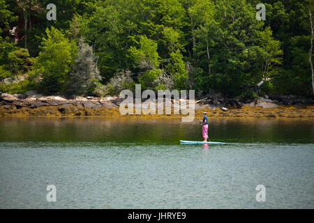 Femme paddleboarding sur Pemaquid Bay à Bristol, Maine, USA. Banque D'Images