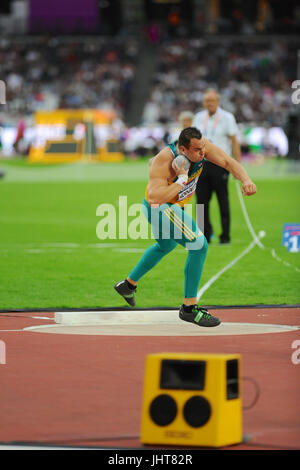 Londres, Royaume-Uni. 15 juillet, 2017. Todd Hodgetts (AUS) bâtiment à un lancer au cours de la Men's Lancer du poids F20 au final le monde Para athlétisme championnats dans le stade de Londres, Queen Elizabeth Olympic Park. Hodgetts a gagné l'argent dans la finale avec un lancer de 15.96m. Crédit : Michael Preston/Alamy Live News Banque D'Images