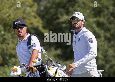 Southport, Merseyside, Royaume-Uni. 16 juillet 2017. Adam Hadwin Un soleil brillant pour le 1er jour de pratique au British Open au Royal Birkdale. Credit : MediaWorldImages/Alamy Live News Banque D'Images