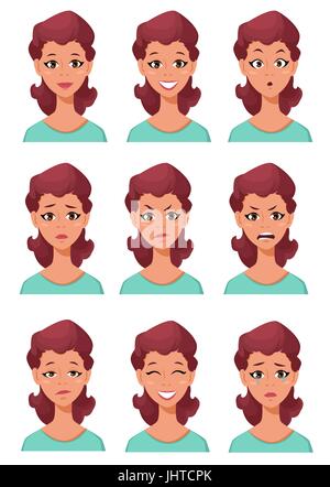 Les expressions du visage d'une femme. Femme différentes émotions. Personnage intéressant. Vector illustration isolé sur fond blanc. Illustration de Vecteur