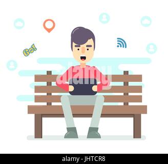 Jeune homme assis dans le parc sur le banc avec tablette en mains, jouer à des jeux sur ordinateur, des réseaux sociaux et des sms à vos amis. Hipster. Fla moderne Illustration de Vecteur