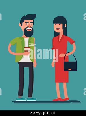 L'homme et la femme en souriant. Barbu avec café et dame en robe rouge s'est réuni dans la rue et avoir une belle présentation. Les gens géométrique. Conception simple. Stock Illustration de Vecteur
