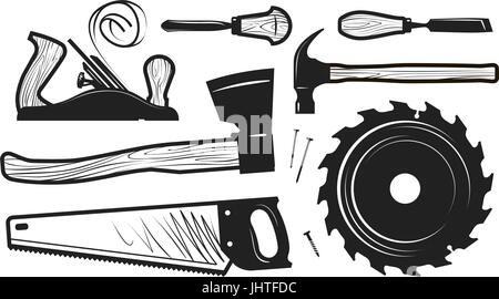 La charpenterie, la menuiserie d'icônes. Ensemble d'outils tels que hache, marteau, scie à métaux, scie circulaire, scie à disque, les couteaux. Vector illustration Illustration de Vecteur