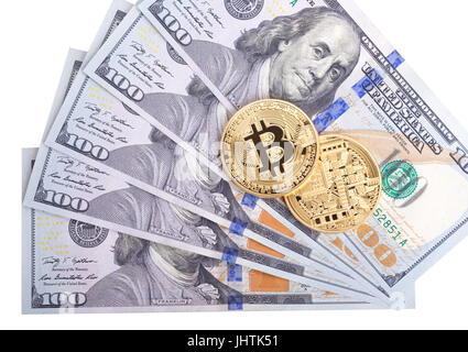 Les Bitcoins d'or sur le dollar US. L'échange de monnaie électronique concept Banque D'Images