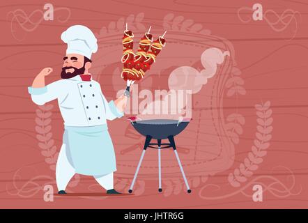 Maintenez Chef Cuisine Restaurant Kebab Smiling Cartoon Chef en uniforme blanc sur fond texturé en bois Illustration de Vecteur