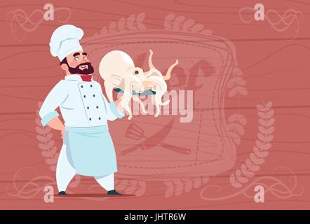 Maintenez Chef Cuisine Restaurant Octopus Smiling Cartoon Chef en uniforme blanc sur fond texturé en bois Illustration de Vecteur