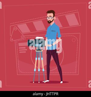 Man Holding caméra sur trépied vidéo moderne Tournage Blogger Vlog populaires Illustration de Vecteur