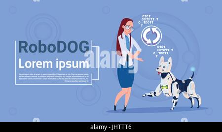 Femme avec chien robotique Robot moderne Animal Interface Mise à jour de la technologie d'Intelligence Artificielle pour animaux Illustration de Vecteur