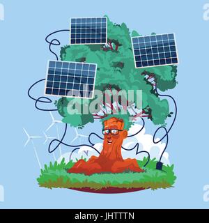 Cartoon Smiling arbre avec des panneaux solaires Source d'énergie renouvelable Illustration de Vecteur