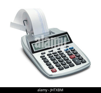 Calculatrice d'affaires avec papier pour reçus isolé sur fond blanc. Banque D'Images