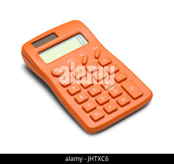 Calculatrice Orange Allumé isolé sur fond blanc. Banque D'Images