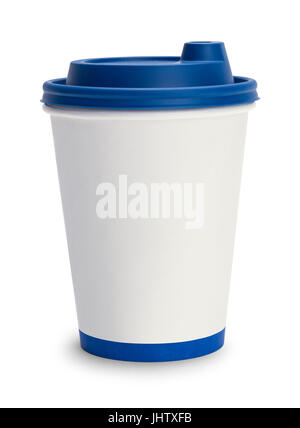 La tasse de café vide avec couvercle bleu isolé sur fond blanc. Banque D'Images