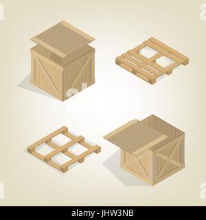 Pour le transport de conteneurs en bois réaliste avec palette cargo, isolé sur un fond clair. Télévision 3D isométrique, style vector illustration. Illustration de Vecteur