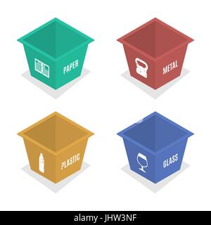 Ensemble de conteneur pour déchets de différents types. Plastique, verre, papier et métal. Isolé sur fond blanc, vector illustration. Illustration de Vecteur