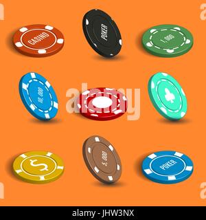 Ensemble de jeu d'icônes. Jetons multicolores pour jouer au casino. 3D isométrique, style vector illustration. Illustration de Vecteur