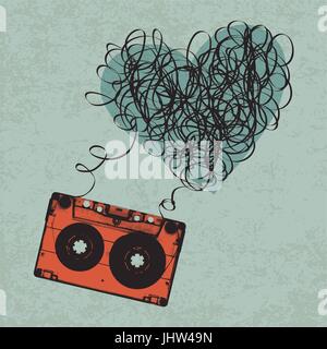 Cassette audio Vintage illustration en forme de coeur avec ruban. malpropre Vector, EPS10 Illustration de Vecteur