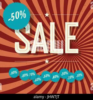 Vente d'affiches rétro. Modèle avec fond sunburst texturé et différents tags, vecteur. Illustration de Vecteur