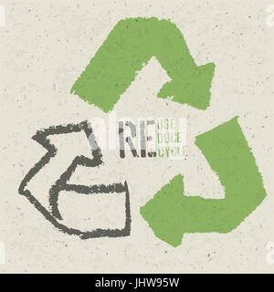 Symbole conceptuel de réutilisation et 'Réutiliser, réduire, recycler' texte sur papier recyclé Texture Illustration de Vecteur