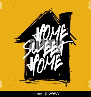 'Home sweet home' de l'affiche. La calligraphie avec maison hand drawn silhouette sur fond jaune. Illustration de Vecteur